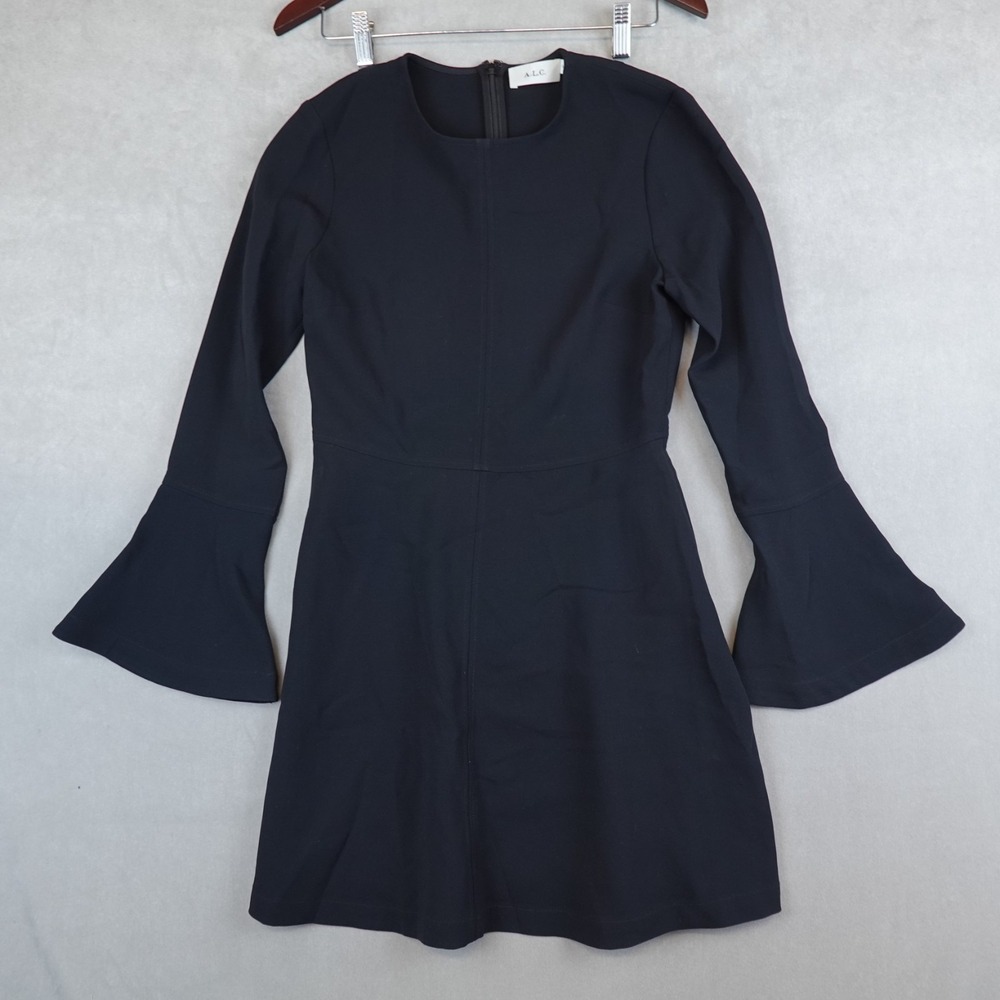 A.L.C. Mini Dress Green Black Bell Sleeves Size 6 Fit & Flare Ponte